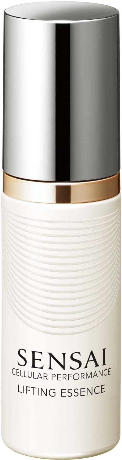 Eine weiße Flasche mit silberner Kappe, beschriftet 'SENSAI Lifting Essence' für Hautpflege.
