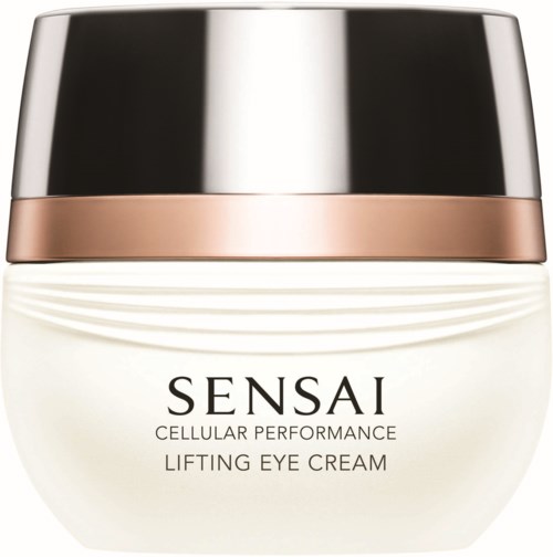 Ein Behälter mit Sensai Lifting Eye Cream in weißem Gefäß mit schwarz-roségoldenem Deckel.