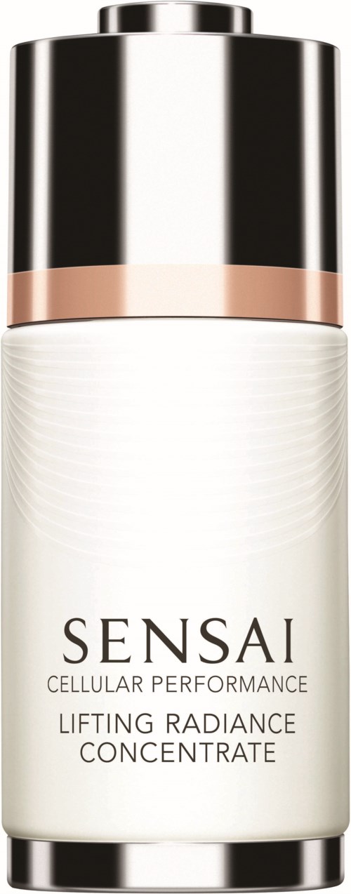 Een witte huidverzorgingsfles met een zilveren en roségouden dop, gemarkeerd 'Sensai Cellular Performance Lifting Radiance Concentrate.'