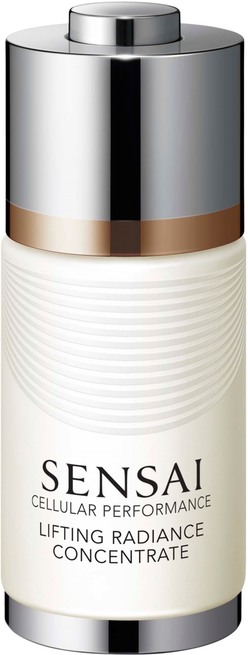 Een witte fles met een zilveren dop en label, gemarkeerd als 'Sensai Cellular Performance Lifting Radiance Concentrate.'