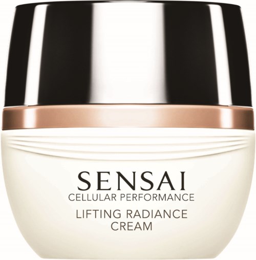 Ein Cremetopf mit schwarzem Deckel, beschriftet 'Sensai Cellular Performance Lifting Radiance Cream.'