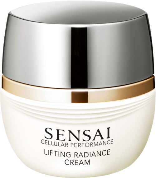 Ein kleiner Behälter mit silbernem Deckel und weißem Körper. Er trägt die Bezeichnung "SENSIA Cellular Performance Lifting Radiance Cream."