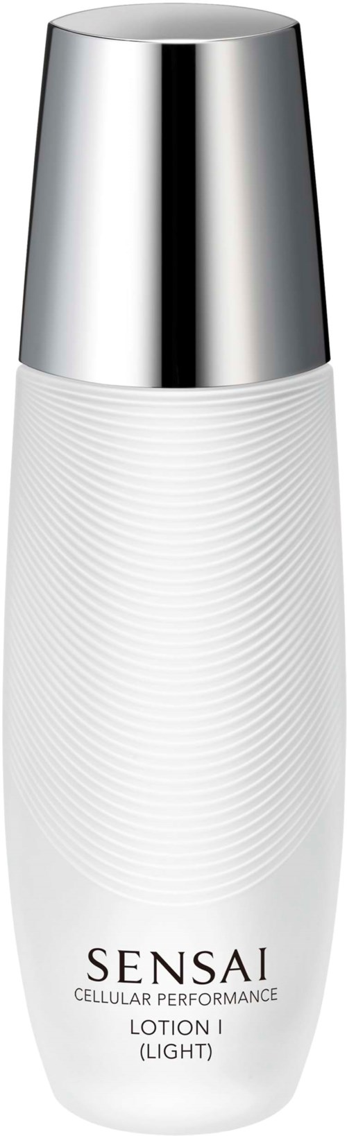 Een witte fles met een zilveren dop, gemarkeerd als Sensai Cellular Performance Light Lotion, staand.