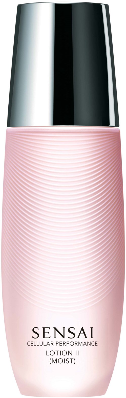 Een roze fles met zilveren dop met label Sensai Cellular Performance Lotion II Moist voor huidverzorging.