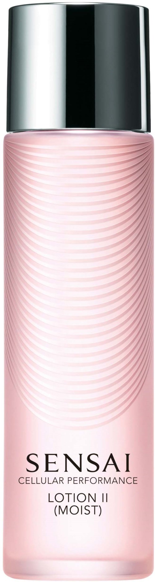 Een roze fles met een zilveren deksel, gemarkeerd Sensai Cellular Performance Lotion II (Moist).