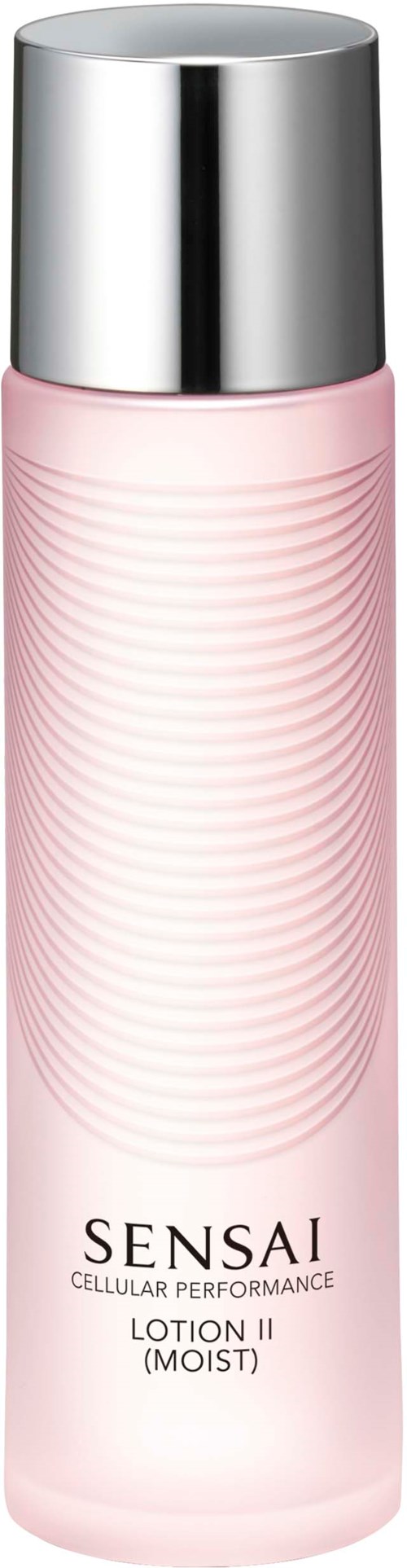 Een roze cilindervormige fles met een zilveren dop, gelabeld Sensai Moist Lotion II voor hydratatie van de huid.