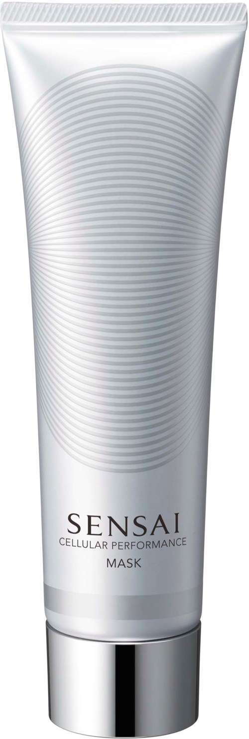 Een zilverkleurige tube met concentrische cirkels, gelabeld Sentai Cellular Performance Mask, staand rechtop.
