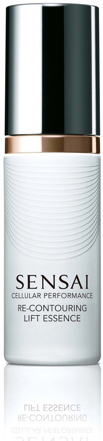 Eine weiße Flasche mit silberner Kappe, mit Sensai beschriftet, enthält Hautpflegeprodukt namens Re-Contouring Lift Essence.