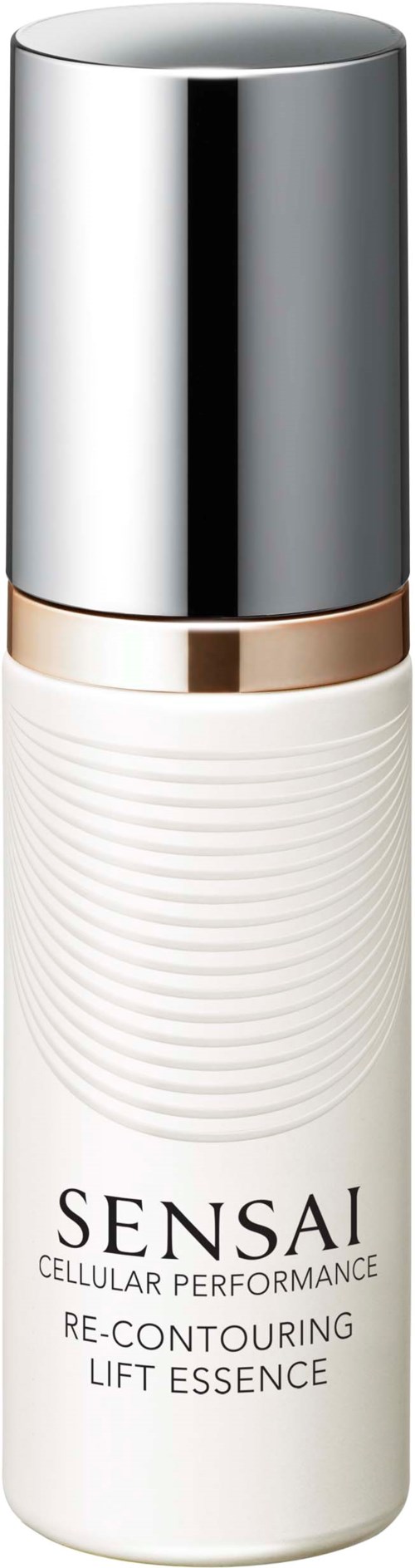 Eine weiße Flasche mit Silberkappe, beschriftet Sensai Re-Contouring Lift Essence, für Hautpflege.