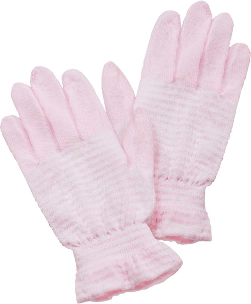 Weiche rosa Handschuhe mit Streifen, aus Stoff, für Wärme.