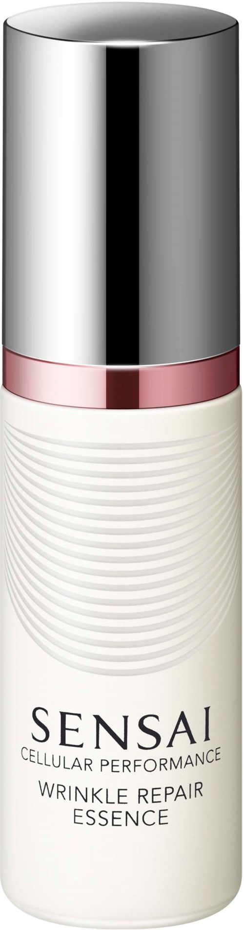 Een witte fles met een zilveren dop, labels Sensai Wrinkle Repair Essence voor huidverzorging.
