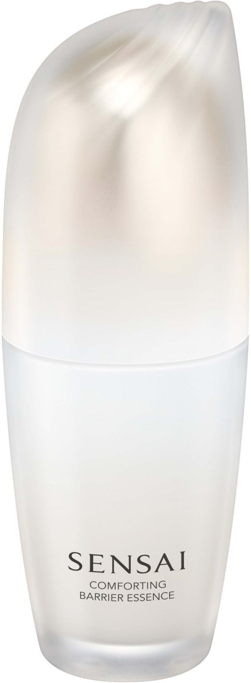 Eine weiße Flasche mit glänzendem Verschluss, Beschriftung 'Sensai' und 'Comforting Barrier Essence'.