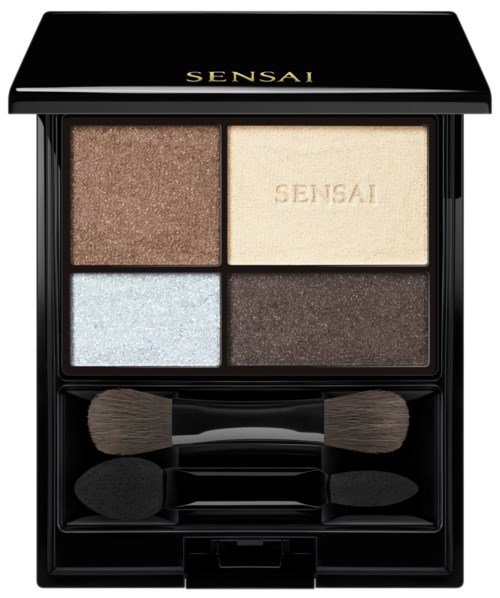 Eine Palette mit vier verschiedenen Lidschattenfarben und zwei kleinen Pinseln in einer schwarzen Dose.
