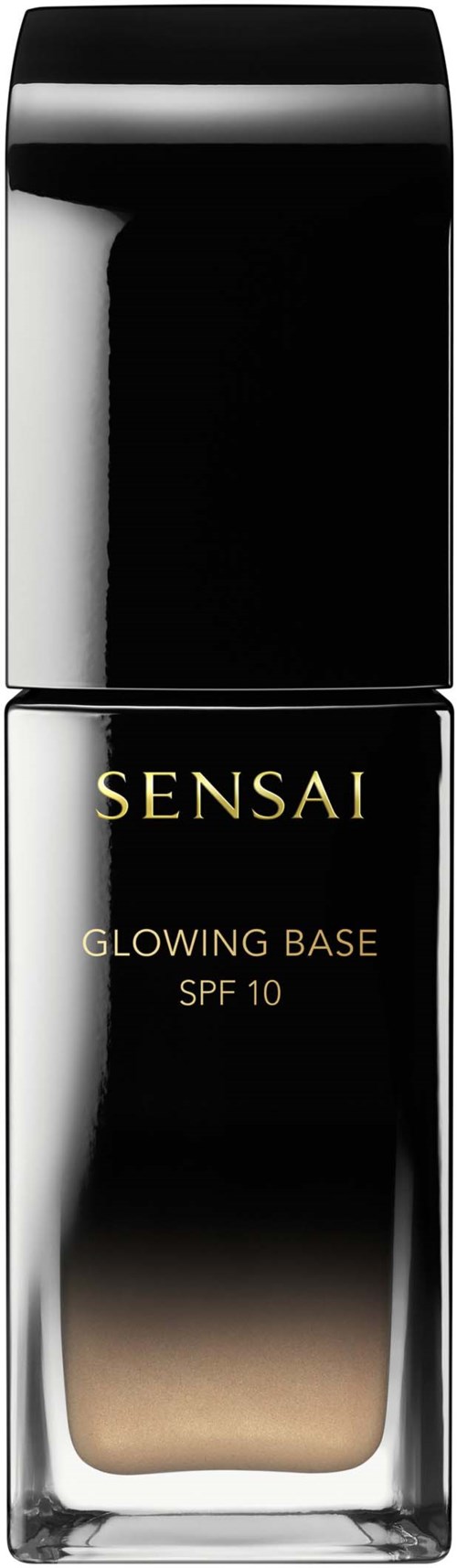 A tall black and gold bottle labeled 'Sensai Glowing Base SPF 10' with a sleek, shiny design.