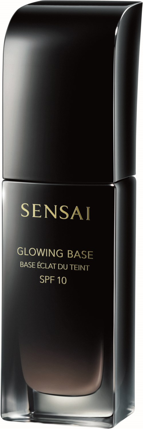 Mustavalkoinen pullo kultaisella tekstillä, jossa lukee Sensai Glowing Base SPF 10, seisoo pystyssä.