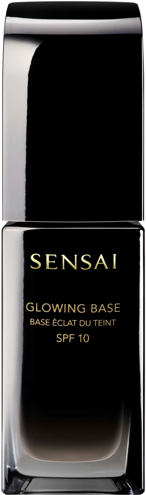Mustavalkoinen ja hopeanvärinen pullo Sensai Glowing Base SPF 10:llä tyylikkäässä pakkauksessa.