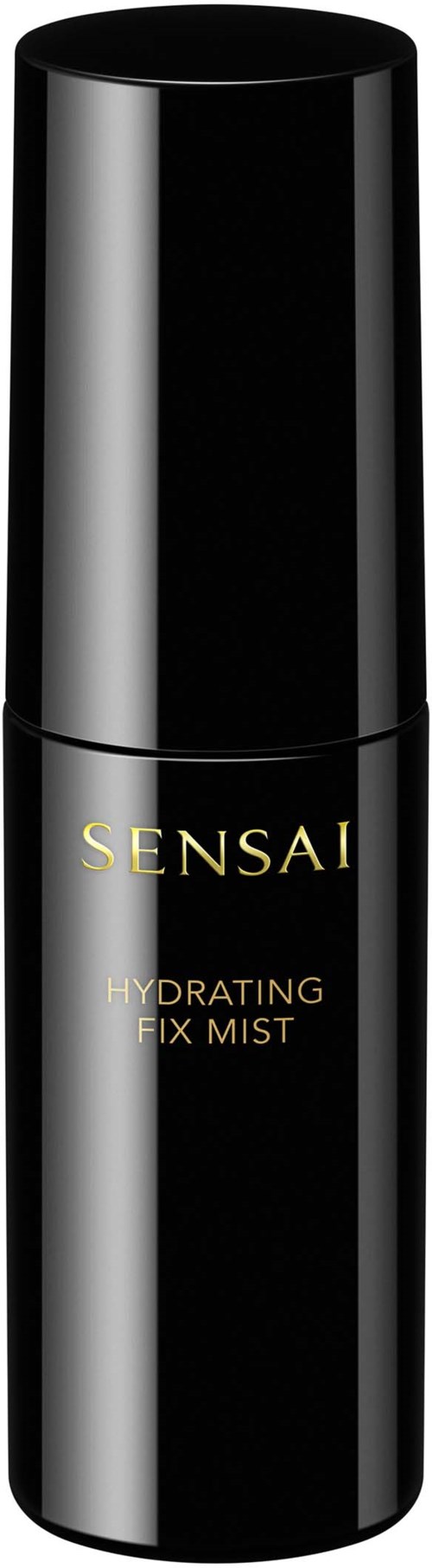 Black cylindrical bottle labeled 'Sensai Hydrating Fix Mist' with gold text.