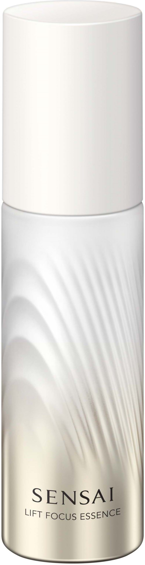 Weiße zylindrische Flasche mit Wellenmuster, beschriftet 'SENSAI LIFT FOCUS ESSENCE'.