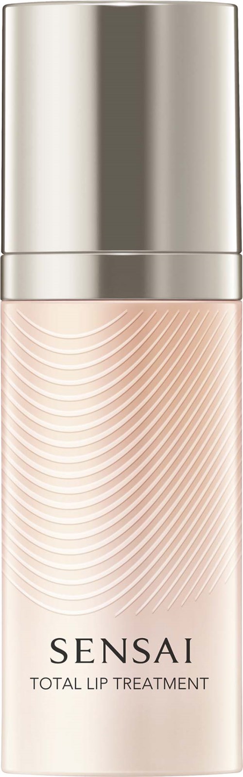 En flaska Sensai Total Lip Treatment med silverhätta och rosa kropp med texturerade linjer.
