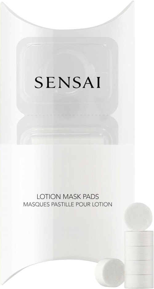 Een witte container met de merknaam 'SENSAI' en kleine ronde lotionmaskerpads.