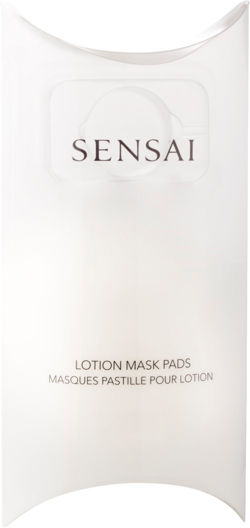 Witte verpakking met 'SENSAI' logo, bevat lotion masker pads, eenvoudig ontwerp, schoon en elegant.