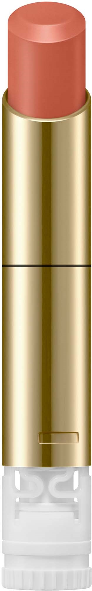 Ein Lippenstift in einer goldenen Hülse mit rosa-beiger Farbe. Die Spitze ist rund und bereit zum Auftragen.