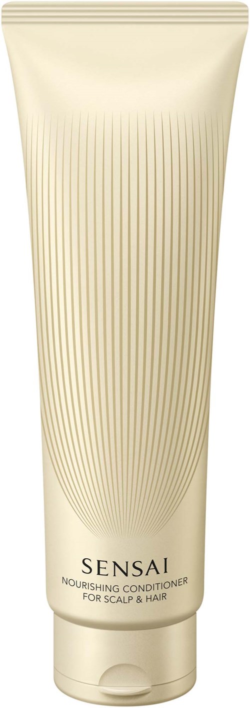 Kremfarget tube av Sensai nærende balsam for hodebunn og hår med ribbet design.