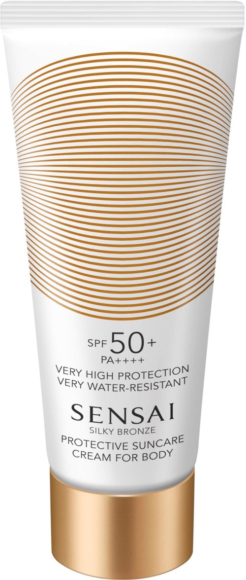 Een witte zonnebrandcrème tube met gouden dop, SPF 50+, met een spiralendessin op de voorkant.