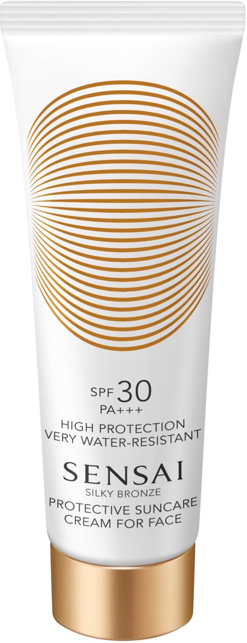 Een witte tube gezichtscrème met goud en bruin ontwerp, SPF 30, hoge bescherming, waterbestendig, voor gezicht.