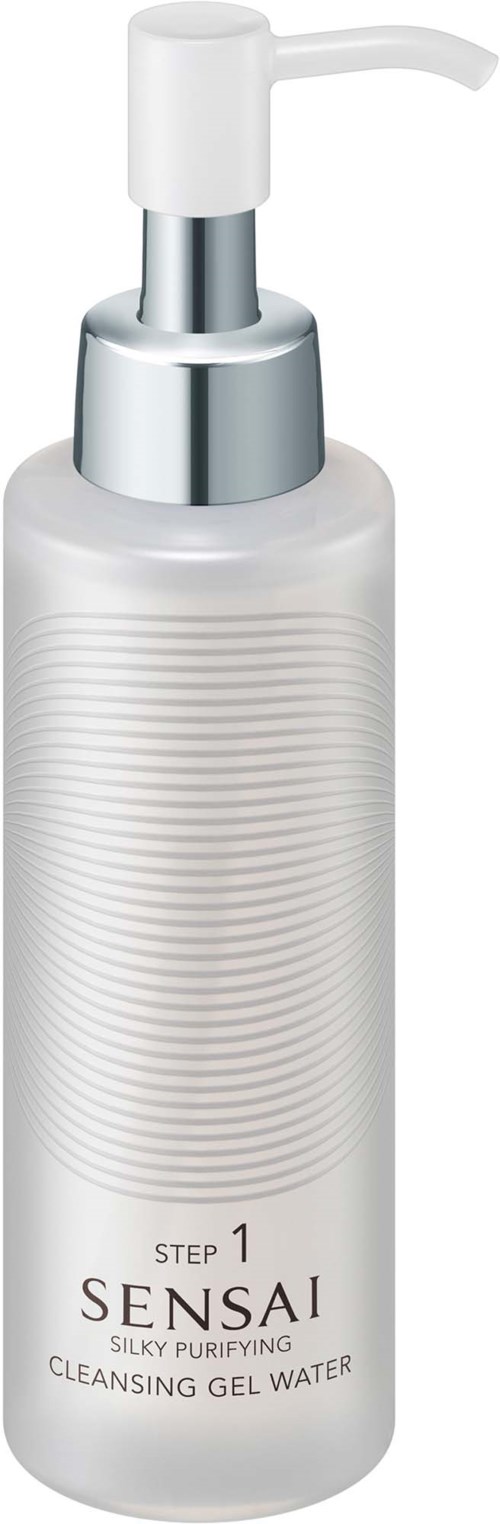 Eine weiße Flasche mit Pumpkopf, gekennzeichnet als Sensai Silky Purifying Cleansing Gel Water, zum Reinigen der Haut.