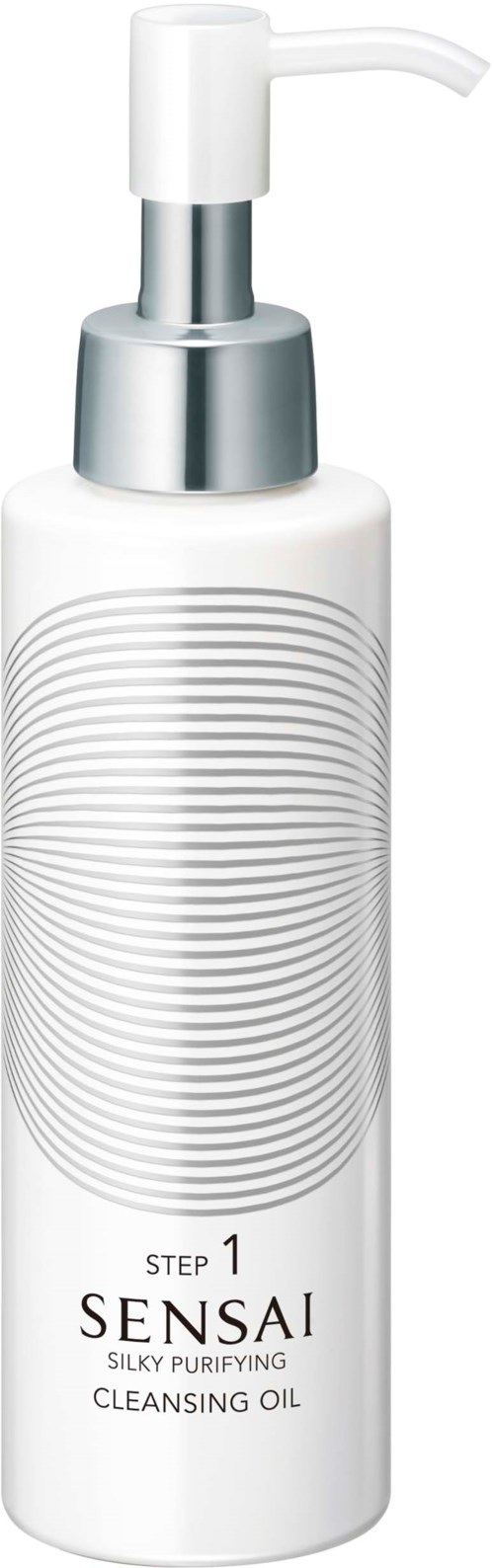 Een witte fles met een pomp, gelabeld 'Sensai Silky Purifying Cleansing Oil,' met cirkelpatroon op het etiket.