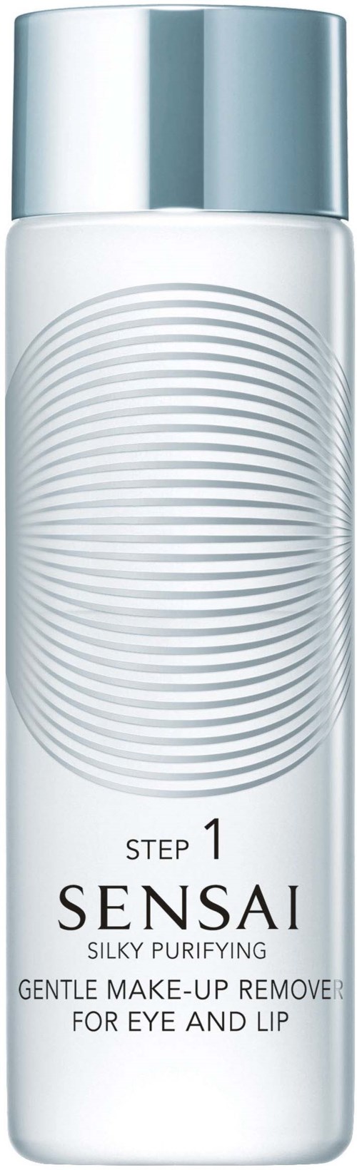 A white bottle with silver cap, labeled Sensai, for gentle eye and lip makeup removal, with curved lines design.