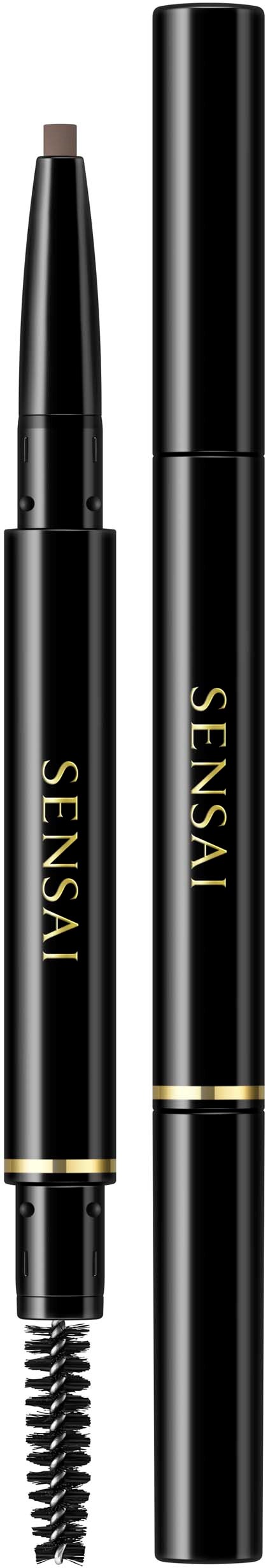 Twee zwarte wenkbrauwmarkers, één met een borsteltje en één met een penpunt, gemerkt 'SENSAI'.