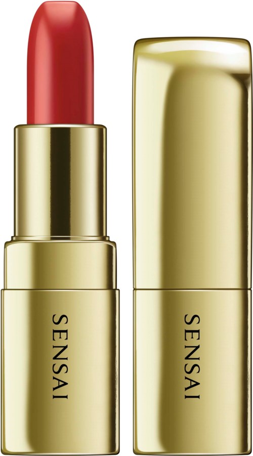 Ein Lippenstift in einer goldfarbenen Hülse mit roter Farbe und passendem goldfarbenem Deckel.