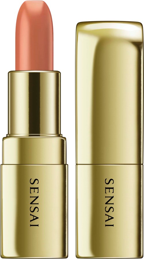 Ein goldener Lippenstift mit dem Namen 'SENSAL', ohne Deckel, zeigt pinken Lippenstift.