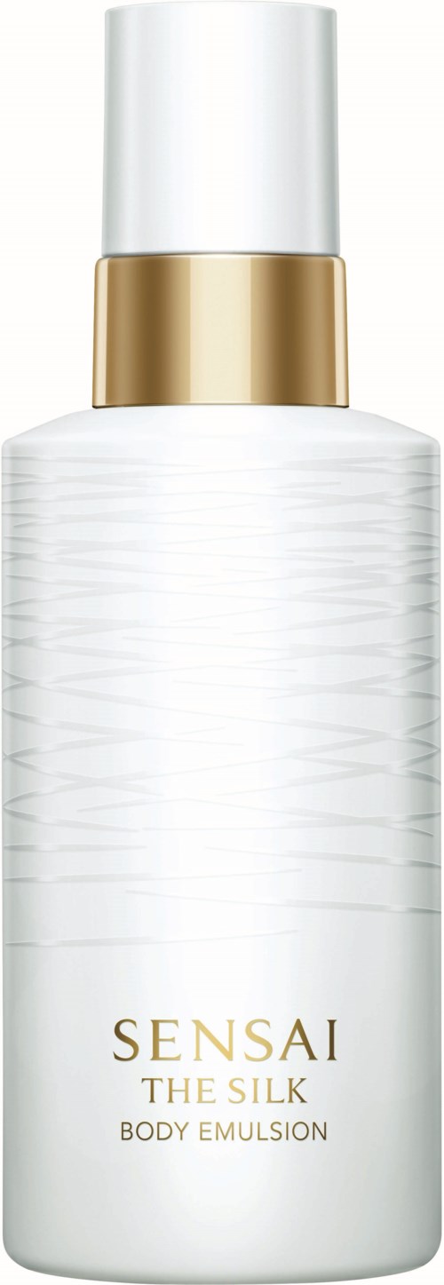 Een witte fles met gouden band en dop, gemerkt 'Sensai The Silk Body Emulsion', waarschijnlijk voor huidverzorging.