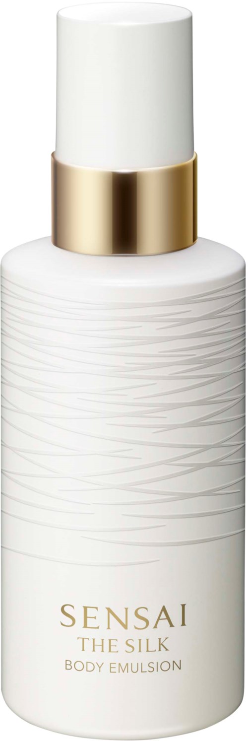 Een witte body-emulsifles met gouden accenten en textuurlig ontwerp, genoemd 'Sensai the Silk Body Emulsion.'