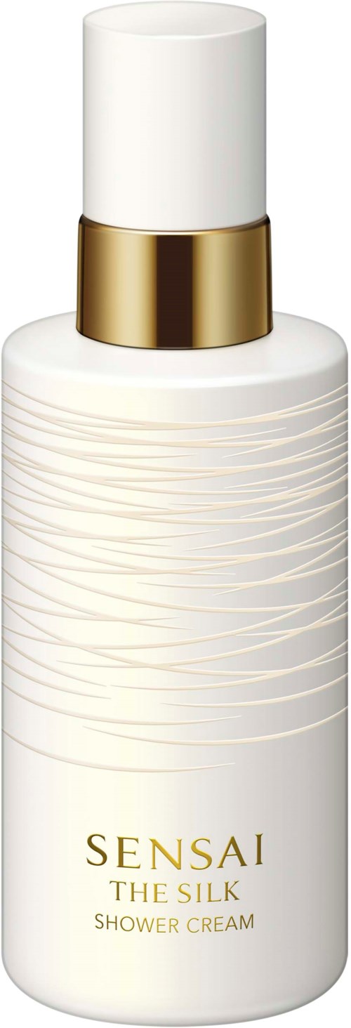Eine weiße Flasche mit goldenem Band, beschriftet Sensai The Silk Shower Cream, für das Duschen.