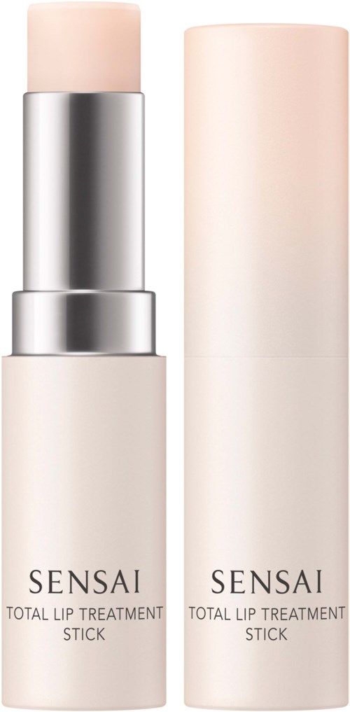 Valkoinen ja hopeinen huulikiilto, jossa on korkki pois, näyttäen tuotteen sisällä. Tuotenimi on Sensai Total Lip Treatment Stick.