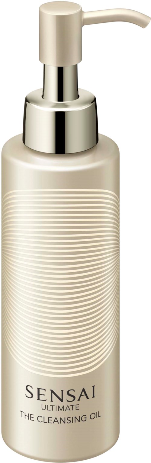Eine lange weiße Flasche mit Pumpenspender und silbernen Akzenten, beschriftet mit 'Sensai Ultimate The Cleansing Oil.'