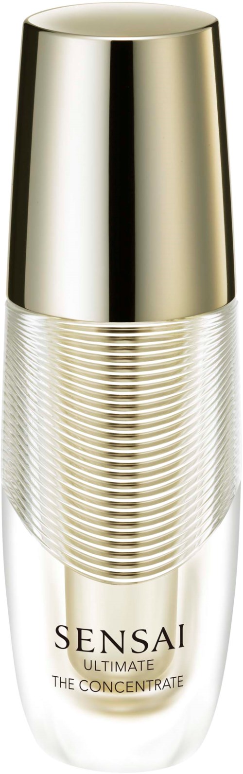 Ein glänzender silberner Kosmetikflakon mit goldener Spitze und geriffeltem Mittelteil, beschriftet 'Sensai Ultimate The Concentrate.'