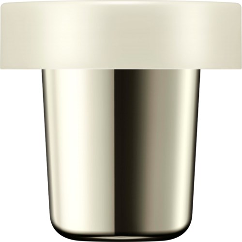 Ein kleiner, glänzender silberner und weißer Behälter, möglicherweise eine Vase oder Topf, mit runder Oberseite.