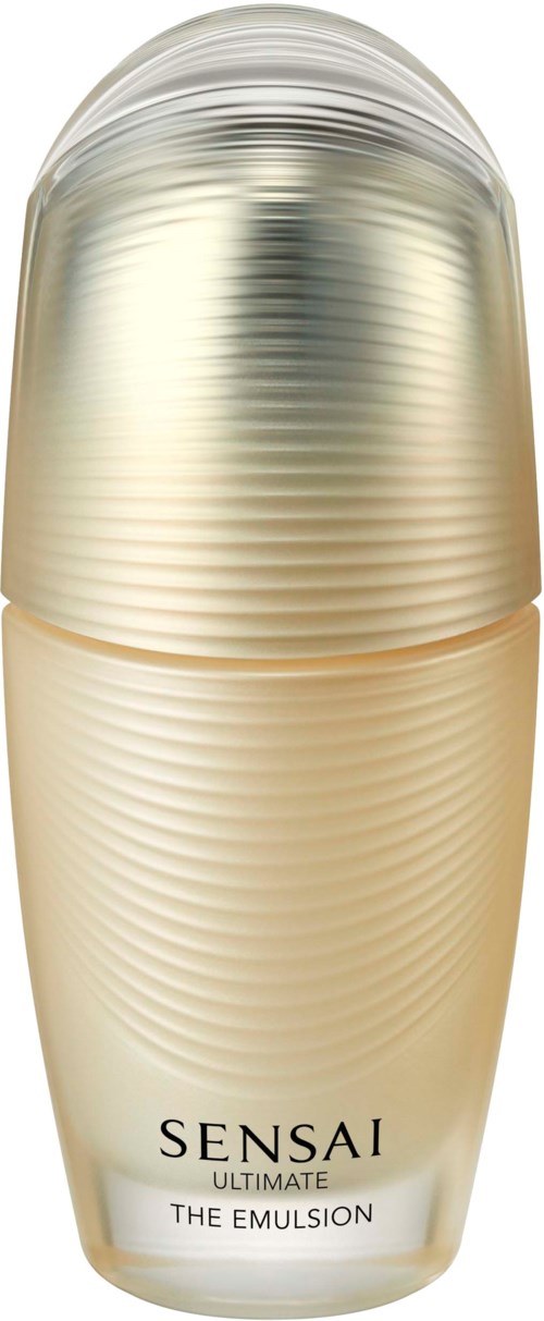 Eine goldfarbene Flasche von Sensai Ultimate The Emulsion mit strukturierter Metallschraubkappe und einfachem Etikett.