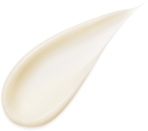 Eine weiße, cremige Flüssigkeitstropfen. Sie sieht glatt und glänzend aus, möglicherweise ein Klecks Creme oder Lotion.