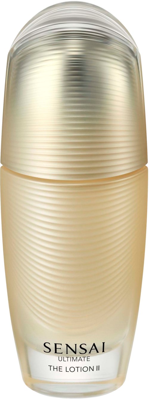 Eine goldene Flasche von Sensai Ultimate The Lotion II mit abgerundetem Deckel und gläßsem Körper.