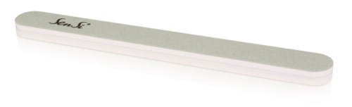 En uppsättning vita nagelfiler staplade med en svart logga på ena sidan.