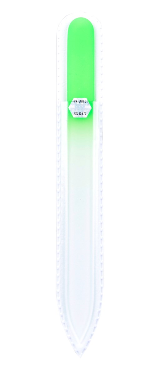 Ett lysande grönt och vitt LED-ljussvärd med streckkodsetikett i mitten.