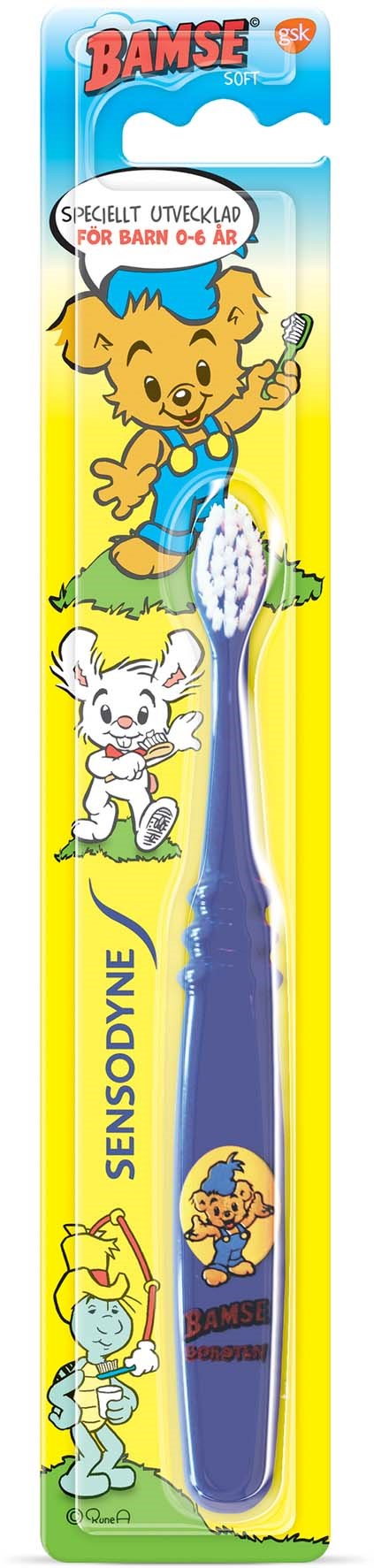 A children's toothbrush with cartoon animals on the packaging, featuring a blue handle and colorful design.