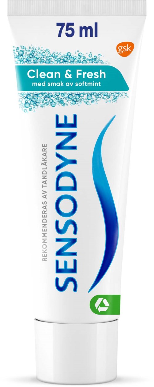 Eine weiße Tube Sensodyne-Zahnpasta, 75 ml, mit blauen und grünen Akzenten, beschriftet 'Clean & Fresh'.