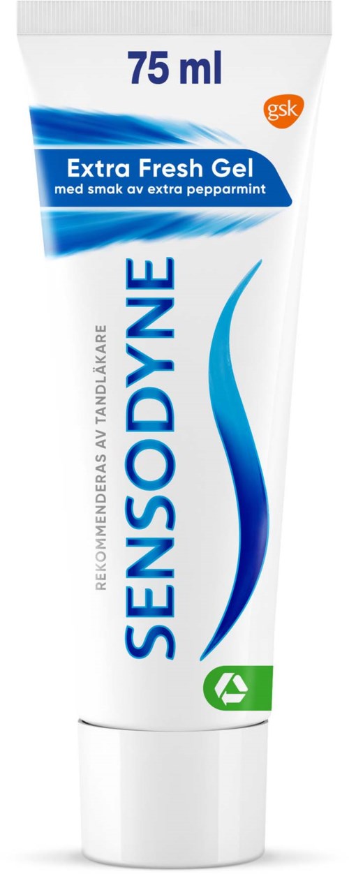 Eine weiße Tube Sensodyne-Zahnpasta mit blauer und orangefarbener Beschriftung, fördert extra frischen Pfefferminzgeschmack, 75 ml.